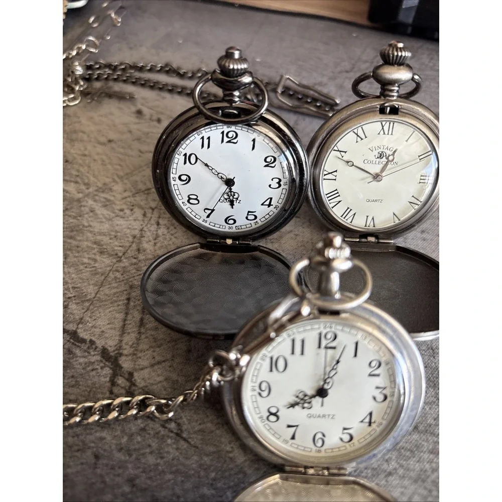 Vintage New York Silver Toned Pocket Watch Bundle with Chain 3 Piece Quartz Set